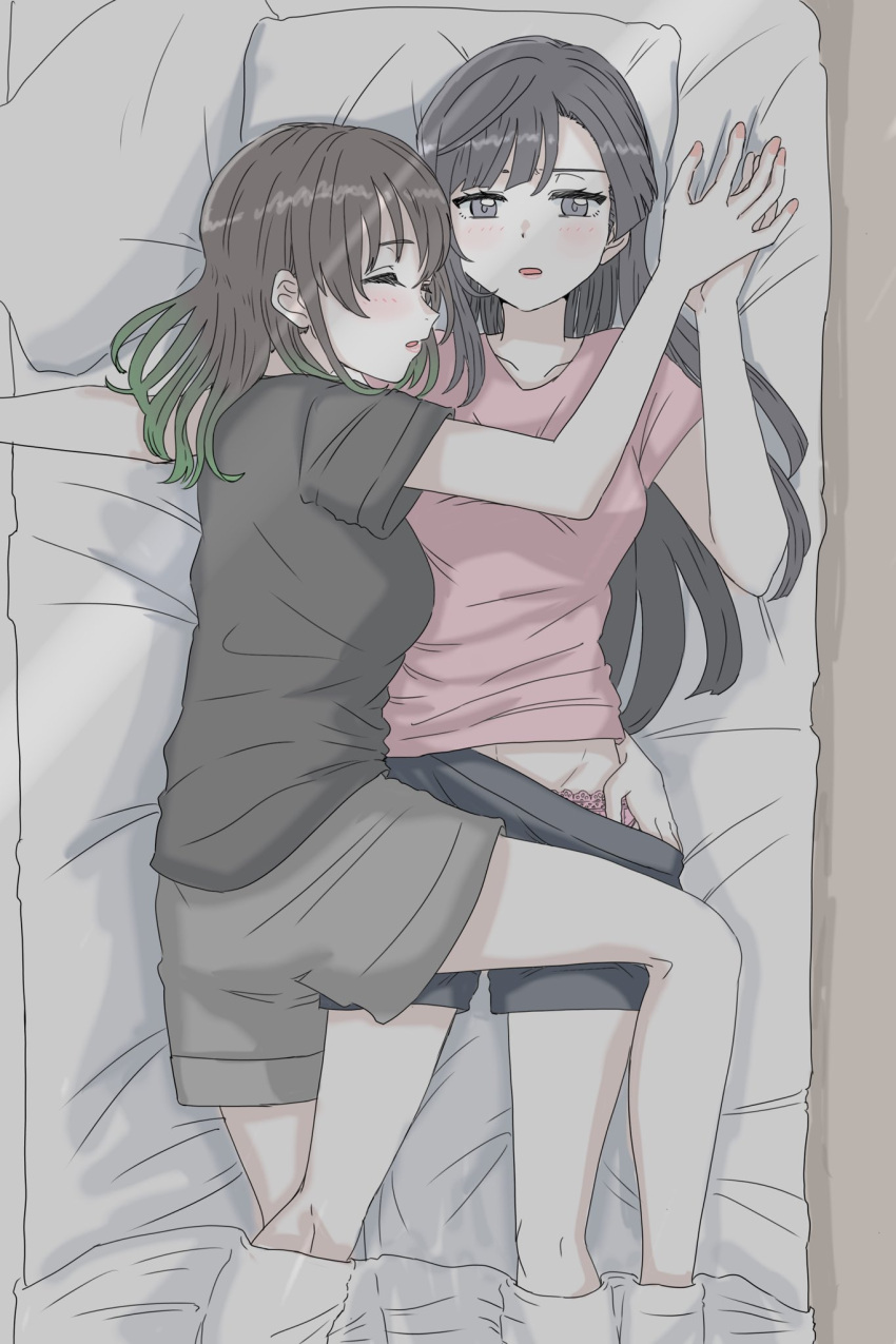 2girls, asymmetrical_bangs, asymmetrical_hair, bangs, bed, black_hair, blush, breasts, closed_eyes, clothes_pull, gradient_hair, hair_between_eyes, highres, holding_hands, hug, lace-trimmed_panties, lace_trim, long_hair, love_live!, love_live!_nijigasaki_high_school_idol_club, majime_na_gakuinsei, medium_breasts, multicolored_hair, multiple_girls, open_mouth, panties, pantyshot, pillow, shirt, short_hair, shorts, shorts_pull, sleeping, takasaki_yuu, underwear, yuri, yuuki_setsuna_(love_live!)