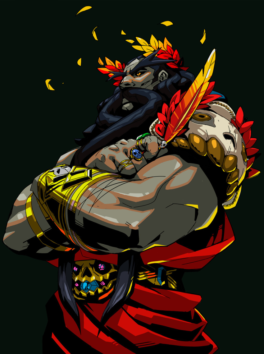 1boy, armor, beard, belt, black_hair, bracelet, colored_skin, crossed_arms