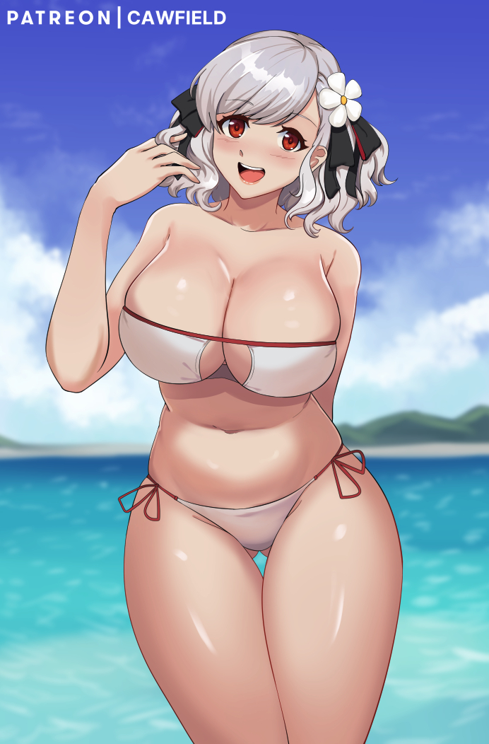 1girl, bikini, breasts, cawfield, flower, girls_frontline, hair_flower, hair_ornament