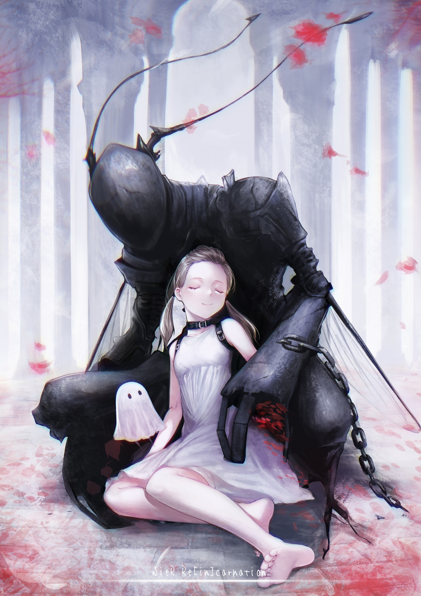 absurdres, barefoot, belt, breasts, chain, character_name, closed_eyes, copyright_name