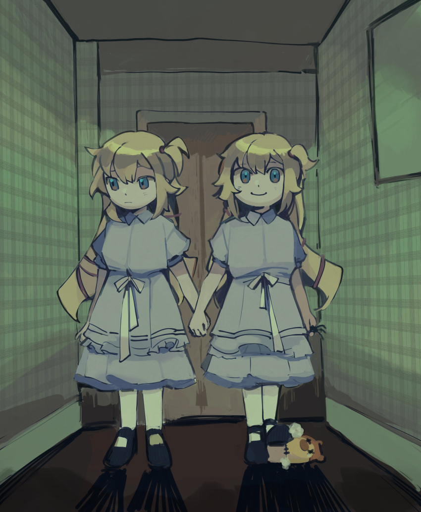 2girls, absurdres, akai_haato, aqua_eyes, bangs, blonde_hair, blush, child, haaton_(akai_haato), hair_ribbon, highres, holding_hands, hololive, multiple_girls, muted_color, parody, popotocurry, ribbon, smile, stuffed_animal, stuffed_toy, tarantula, the_shining, younger