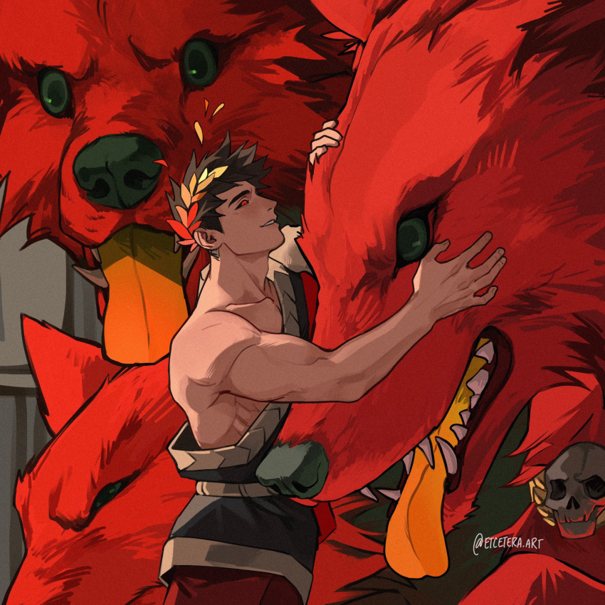 1boy, black_hair, black_sclera, cerberus_(hades), colored_sclera, dog, etceteraart, greek_clothes