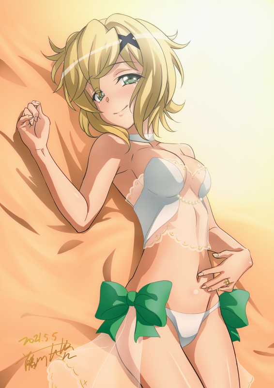 1girl, akatsuki_kirika, blonde_hair, blush, breasts, closed_mouth, dutch_angle, fujikawa_daichi