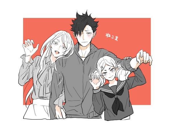 1boy, 2girls, age_difference, arm_grab, arms_up, black_hair, blouse, blush, border, bow, caya_ky, cowboy_shot, cropped_legs, embarrassed, haiba_arisa, haikyuu!!, hair_ornament, hairclip, head_on_another's_shoulder, height_difference, jacket, kuroo_tetsurou, locked_arms, long_hair, long_sleeves, looking_at_viewer, monochrome, multiple_girls, paw_pose, puffy_long_sleeves, puffy_sleeves, red_background, sailor_collar, school_uniform, short_hair, skirt, smile, standing, track_jacket, twintails, yamamoto_akane