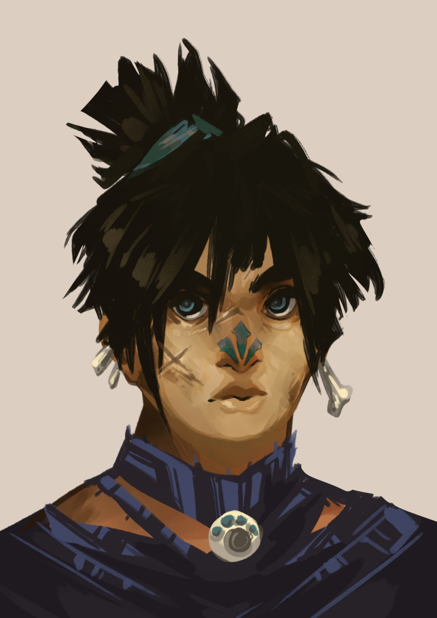 1boy, almer_oldheart, black_hair, blue_eyes, bone_earrings, hair_between_eyes, hair_tie, highres