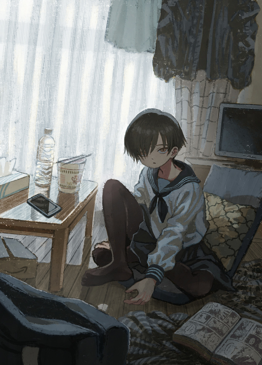 1boy, bangs, black_legwear, bottle, box, brown_eyes, brown_hair, cellphone
