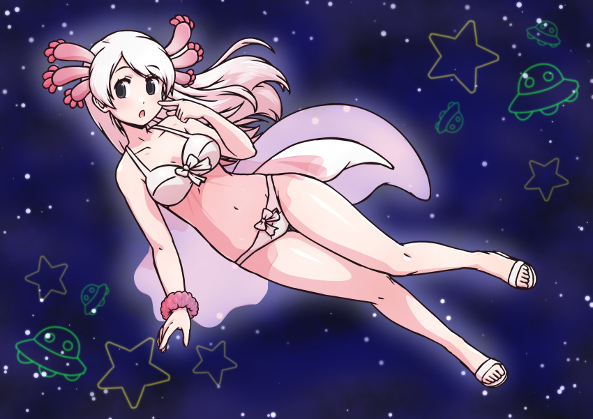 1girl, absurdres, acesrulez, axolotl_girl, axolotl_tail, bare_legs, bare_shoulders, bikini