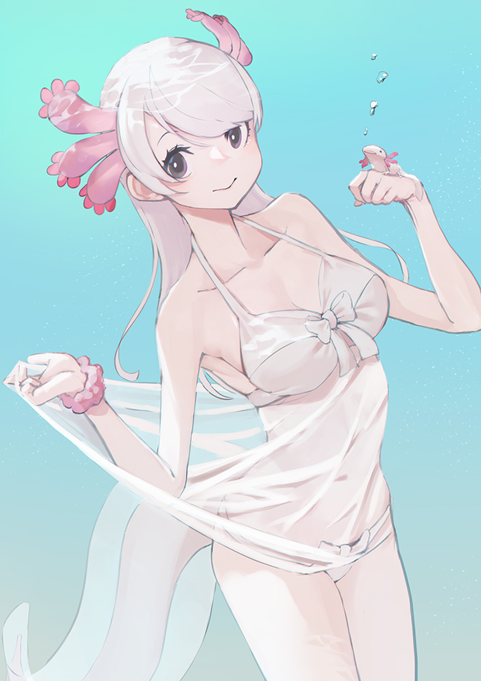 1girl, axolotl, axolotl_girl, axolotl_tail, bare_shoulders, bikini, bow, bracelet