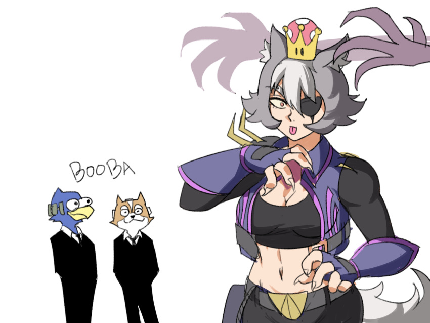 1girl, 2boys, abs, animal_ears, armor, bird, booba_(meme), bracelet, breasts, claws, crown, earrings, eyepatch, falco_lombardi, formal, fox, fox_mccloud, furry, genderswap, genderswap_(mtf), grey_hair, highres, jacket, jewelry, licking, super_mario_bros., metroid, multiple_boys, muscular, muscular_female, new_super_mario_bros._u_deluxe, ridley, spiked_bracelet, spikes, star_fox, suit, super_crown, super_smash_bros., tank_top, tina_fate, wolf_o'donnell