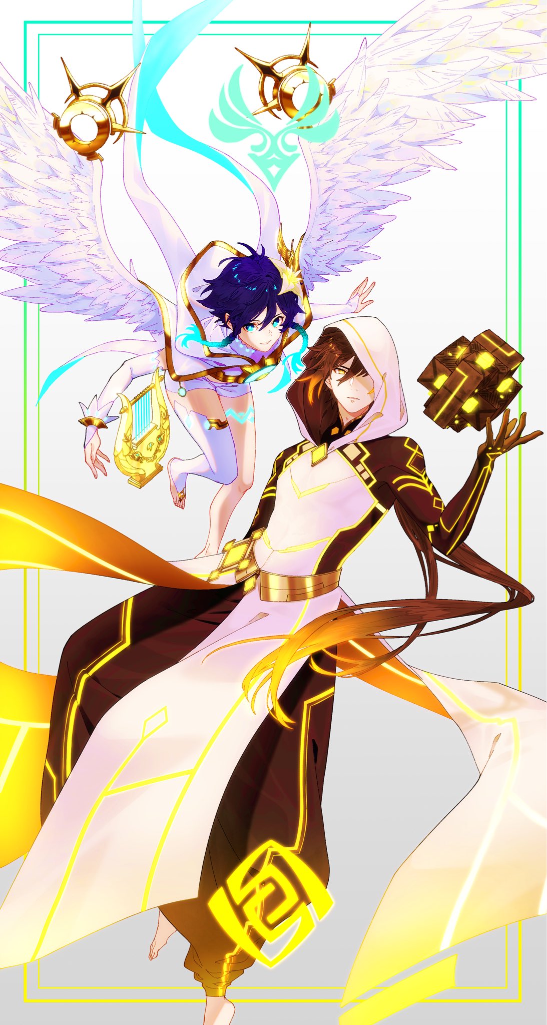 2boys, alternate_costume, androgynous, arm_tattoo, baggy_pants, bangs, bare_shoulders, barefoot