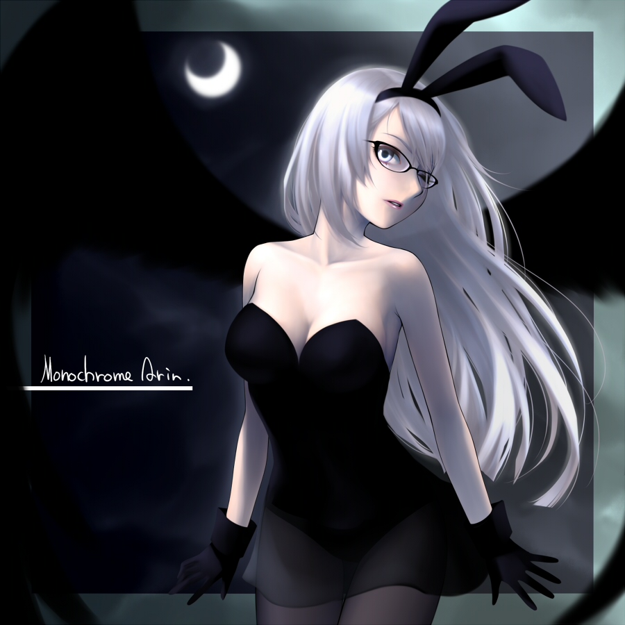 arin, bespectacled, blue_eyes, breasts, bunny_ears, bunnysuit, cleavage, glasses