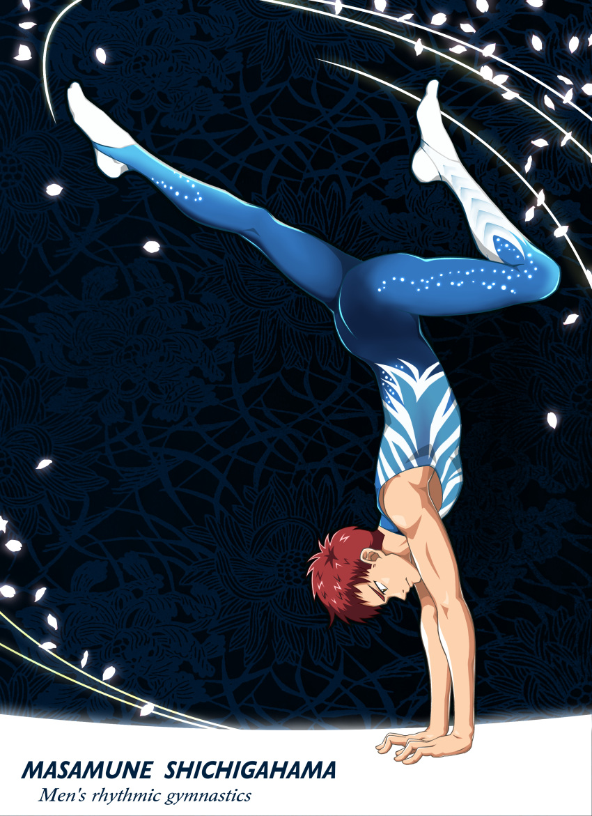 1boy, absurdres, ass, bakuten!!, bishounen, brown_eyes, brown_hair, character_name, daigon_alley, full_body, gym_uniform, handstand, highres, leotard, male_focus, shichigahama_masamune, solo, thick_eyebrows, toned, toned_male, white_legwear