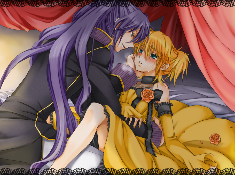 bed, blonde_hair, blush, cantarella_(vocaloid), crossdressinging, curtains, dress, flower