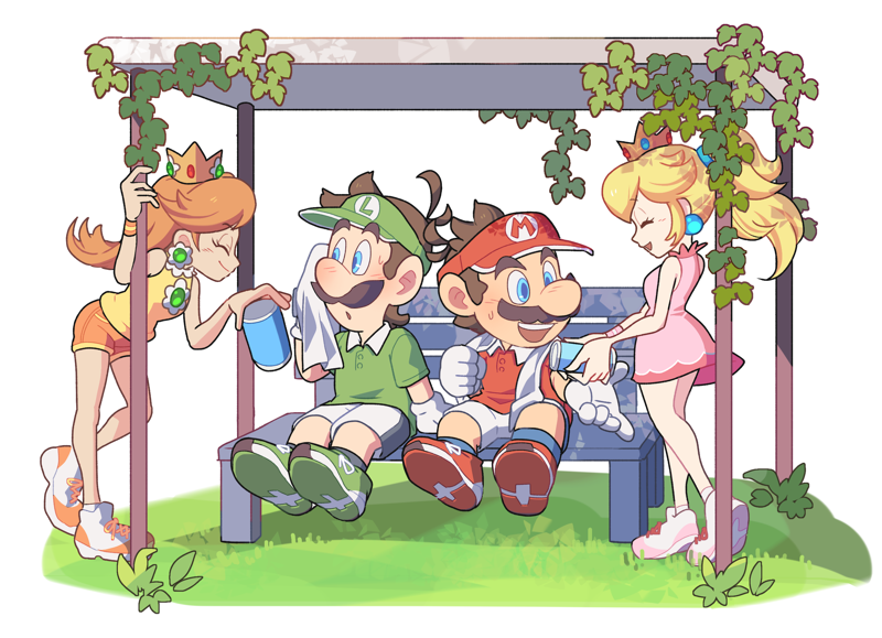 2boys, 2girls, bare_shoulders, bench, blonde_hair, blue_eyes, brown_hair, closed_eyes