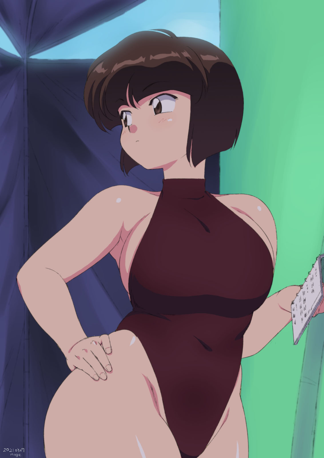 1girl, blue_sky, breasts, brown_eyes, brown_hair, casual_one-piece_swimsuit, commentary_request, dated