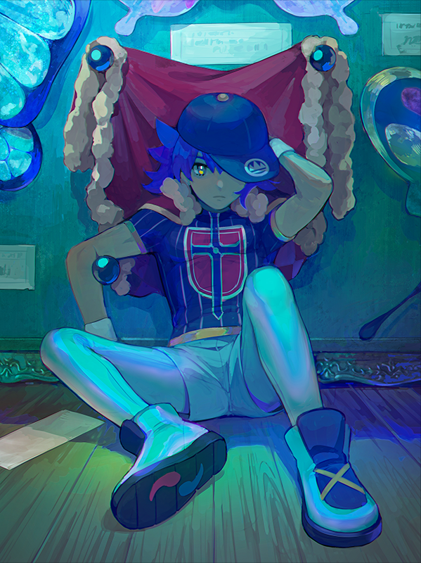 1boy, baseball_cap, black_headwear, bright_pupils, cape, cape_removed, champion_uniform, closed_mouth