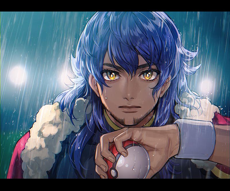 1boy, bangs, bright_pupils, cape, champion_uniform, closed_mouth, commentary_request, dark_skin