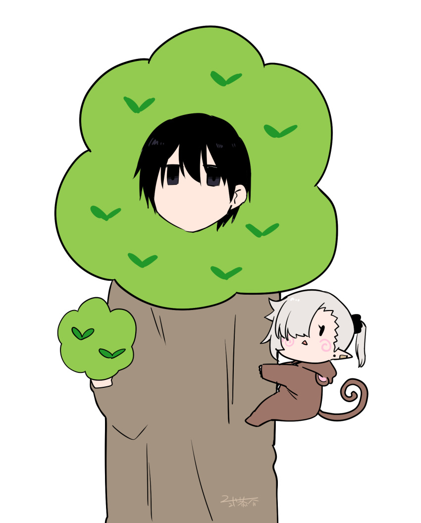 1boy, 1girl, animal_costume, bangs, black_eyes, black_hair, black_scrunchie, chibi