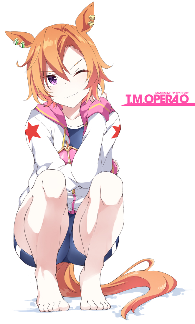 1girl, animal_ears, bangs, barefoot, blue_swimsuit, character_name, copyright_name, ear_piercing