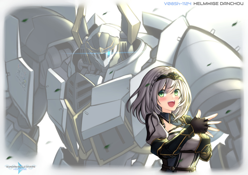 1girl, armor, bangs, black_gloves, blue_eyes, blush, breasts, character_name