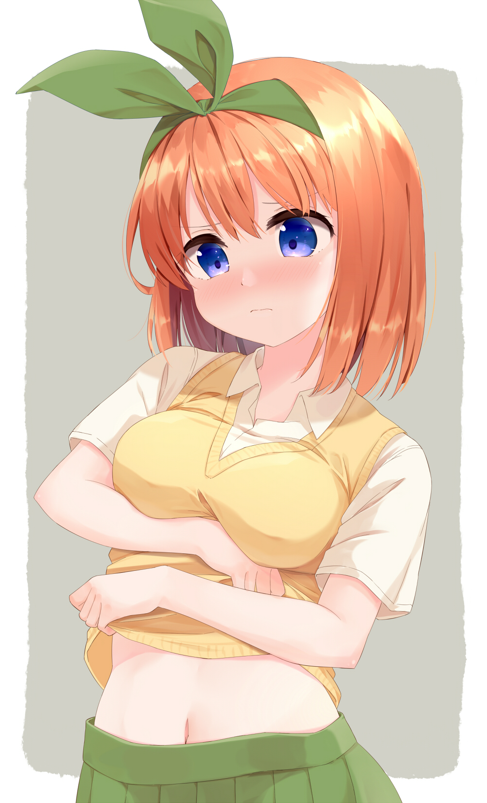 1girl, bangs, blue_eyes, blush, breasts, closed_mouth, collared_shirt, commentary_request