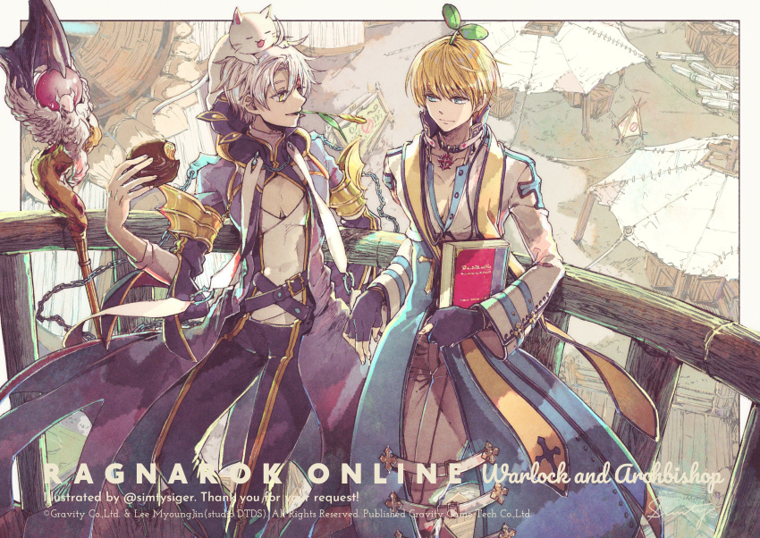 2boys, absurdres, animal_on_head, archbishop_(ragnarok_online), bangs, belt, black_belt, black_gloves