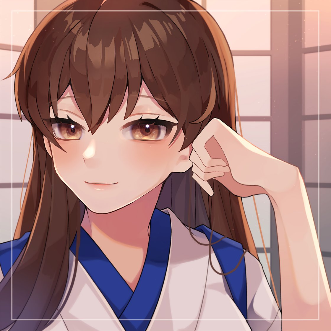 1girl, alternate_hairstyle, brown_eyes, brown_hair, close-up, commentary_request, hair_down, japanese_clothes