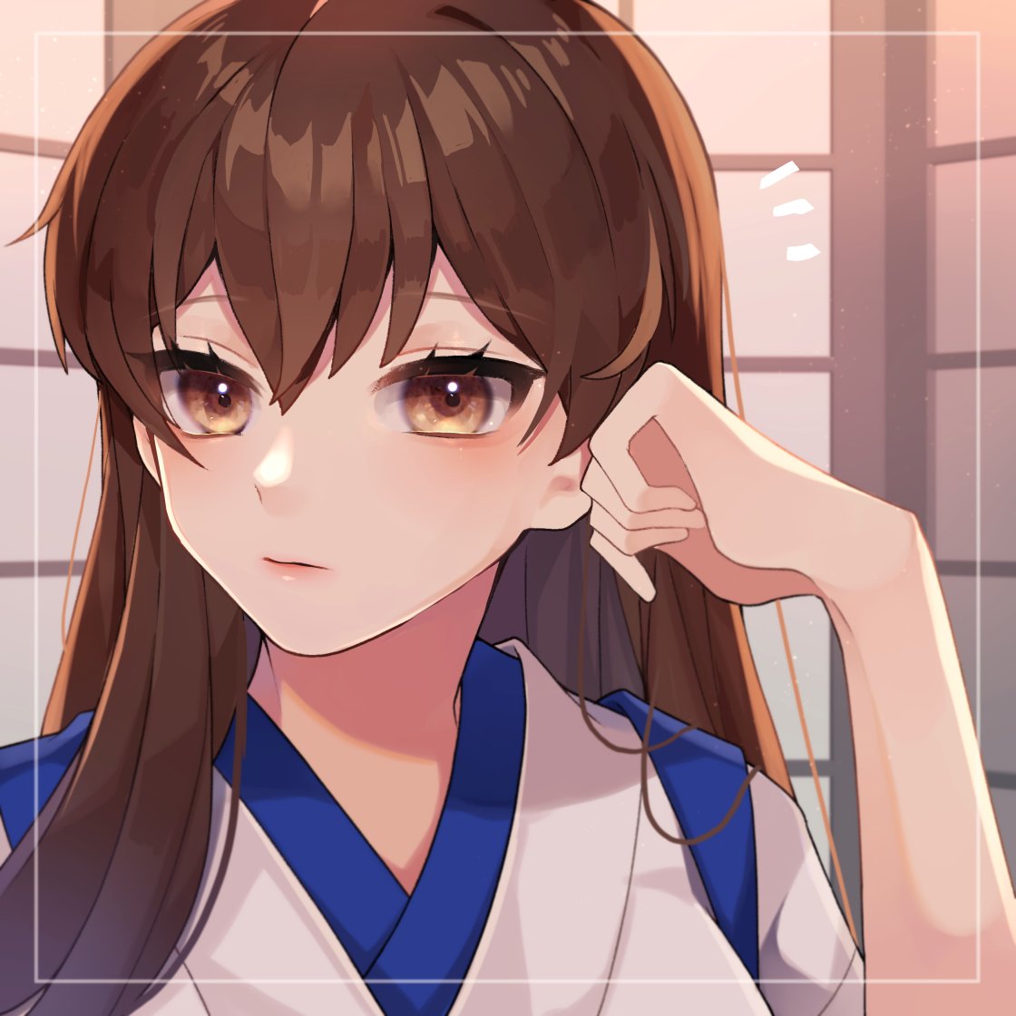1girl, alternate_hairstyle, brown_eyes, brown_hair, close-up, commentary_request, hair_down, japanese_clothes