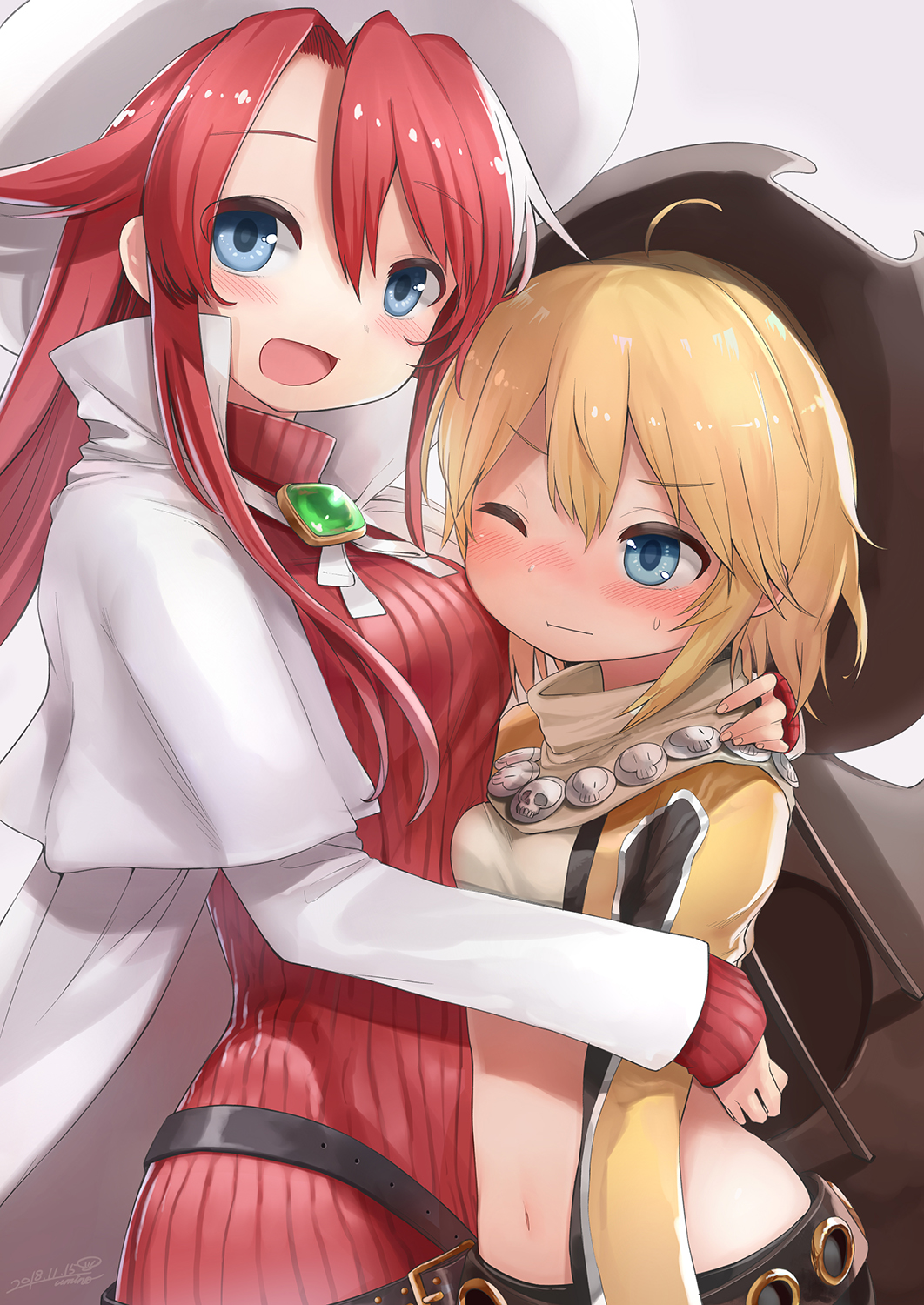 2girls, :d, ahoge, aty_(summon_night), bangs, belt, beret, blonde_hair