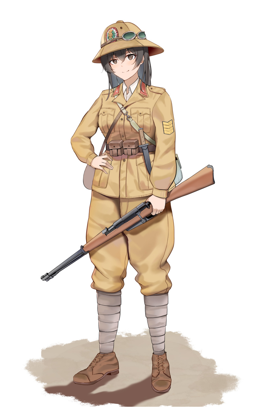 1girl, absurdres, black_hair, bolt_action, commentary, english_commentary, full_body, goggles