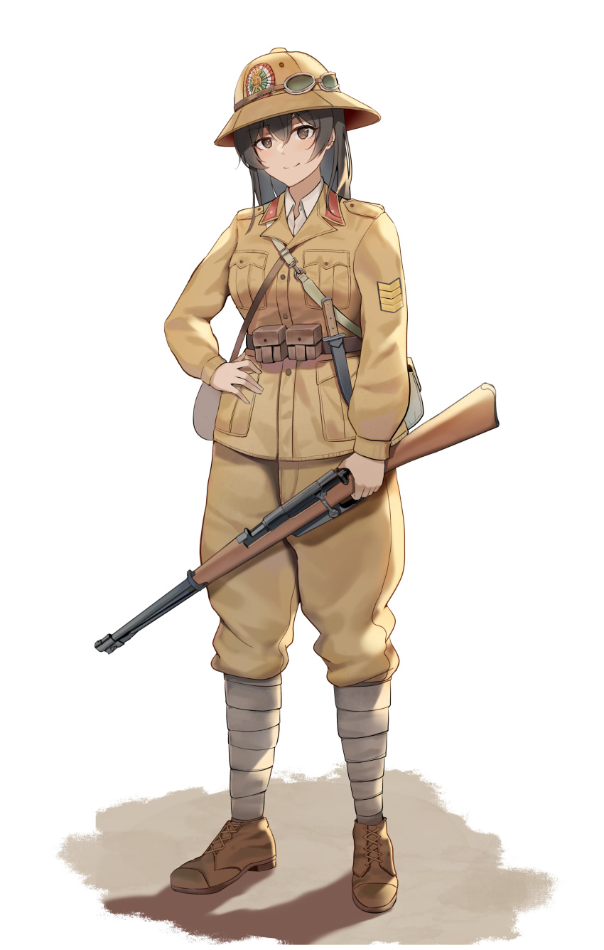 1girl, absurdres, black_hair, bolt_action, commentary, english_commentary, full_body, goggles, goggles_on_headwear, gun, hand_on_hip, helmet, highres, holding, holding_gun, holding_weapon, italy, long_hair, military, military_uniform, original, pith_helmet, puttee, rifle, solo, unicron_(brous), uniform, weapon, weapon_request, white_background, world_war_ii