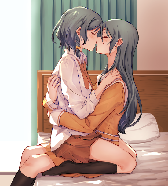 2girls, akni, bang_dream!, bangs, bed, black_legwear, blush, braid