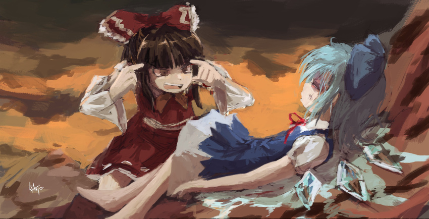 2girls, absurdres, bangs, barefoot, black_hair, blue_bow, blue_dress, blue_hair