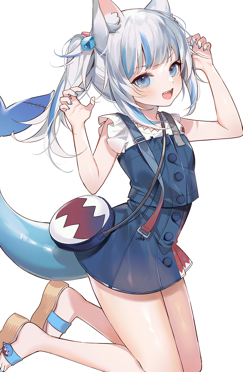 1girl, :d, animal_ear_fluff, animal_ears, arms_up, bag, bangs, bare_arms