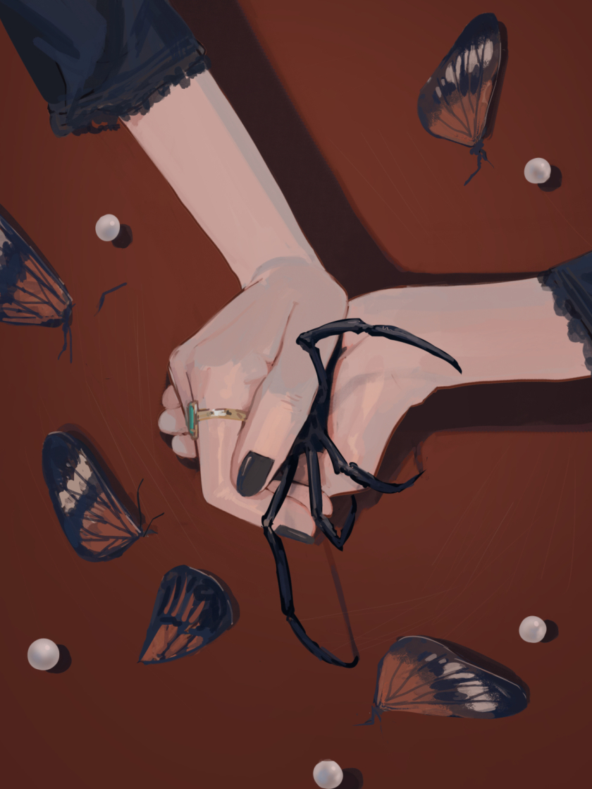 1girl, animal, arthropod_legs, black_sleeves, body_parts, bug, clea, hands