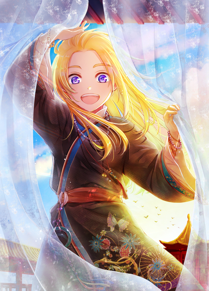 1boy, :d, blonde_hair, bracelet, enki_(juuni_kokuki), floating_hair, jewelry, juuni_kokuki
