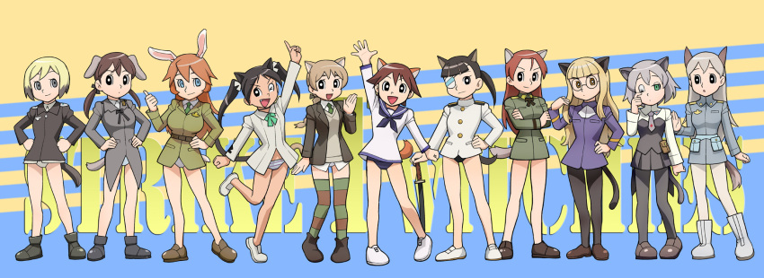 black_legwear, bottomless, charlotte_e_yeager, doraemon, eila_ilmatar_juutilainen, erica_hartmann, francesca_lucchini, fujiko_f_fujio_(style), fujiko_fujio, gertrud_barkhorn, highres, lynette_bishop, minna-dietlinde_wilcke, miyafuji_yoshika, no_pants, panties, pantyhose, parody, perrine_h_clostermann, sakamoto_mio, sanya_v_litvyak, strike_witches, style_parody, tail, topless, ueyama_michirou, underwear, uniform