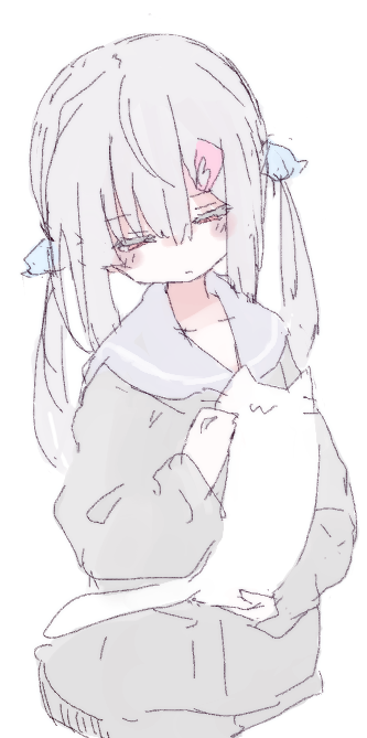 1girl, :3, animal, blue_ribbon, blush, blush_stickers, cat, chin_tickle, closed_mouth, collarbone, colored_eyelashes, cropped_legs, expressionless, grey_eyelashes, grey_hair, grey_sailor_collar, grey_serafuku, grey_sweater, hair_between_eyes, hair_ornament, hair_ribbon, hairclip, half-closed_eyes, hands_up, hatching_(texture), holding, holding_animal, holding_cat, limited_palette, linear_hatching, long_bangs, long_hair, long_sleeves, looking_down, low_twintails, no_eyes, no_nose, nose_blush, original, pale_color, pink_eyes, puffy_long_sleeves, puffy_sleeves, ribbon, ruten_(onakasukusuku), sailor_collar, school_uniform, serafuku, sidelocks, simple_background, sketch, standing, sweater, twintails, upper_body, white_background, white_cat