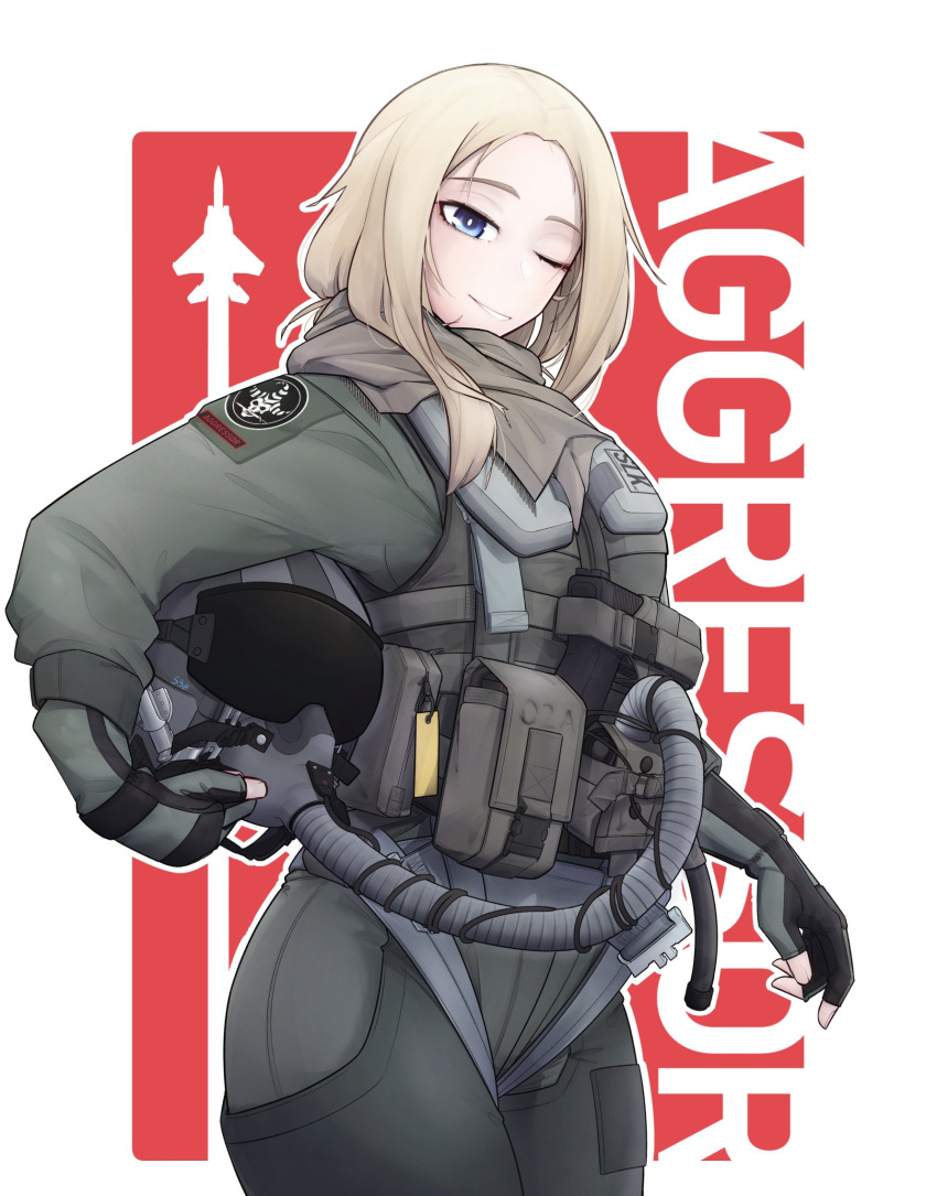 1girl, aircraft, airplane, blonde_hair, blue_eyes, cable, fighter_jet, fingerless_gloves