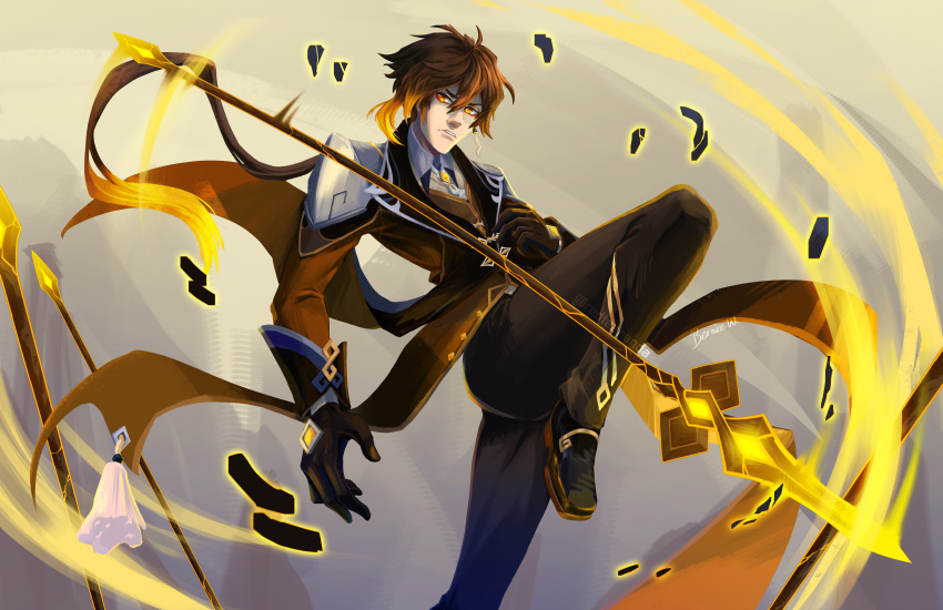 absurdres, black_gloves, brown_hair, eyeliner, eyeshadow, formal, genshin_impact, gloves, gradient_hair, highres, jacket, jewelry, long_hair, long_pants, makeup, multicolored_hair, orange_hair, pants, polearm, ponytail, red_eyeshadow, redteapanda, rex_lapis_(genshin_impact), simple_background, single_earring, spear, suit, weapon, yellow_eyes, zhongli_(genshin_impact)