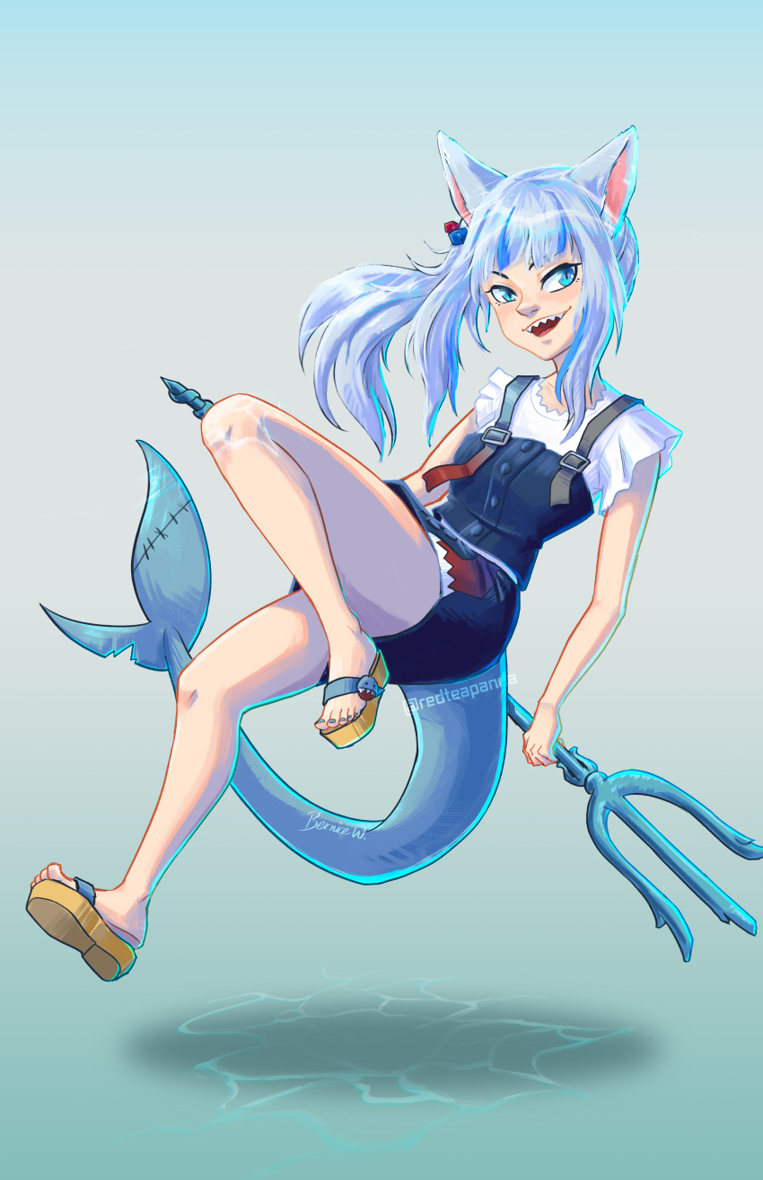 1girl, absurdres, animal_ears, bangs, blue_eyes, blue_hair, cat_ears, fish_tail, gawr_gura, highres, hololive, hololive_english, looking_at_viewer, open_mouth, polearm, redteapanda, sandals, shark_tail, sharp_teeth, simple_background, skirt, smile, tail, teeth, trident, virtual_youtuber, weapon
