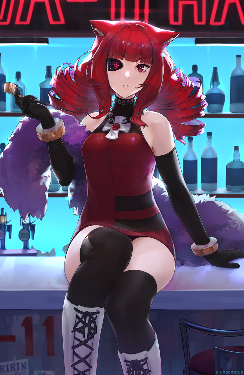 1girl, animal_ears, bar, black_gloves, black_legwear, boots, breasts, cat_ears