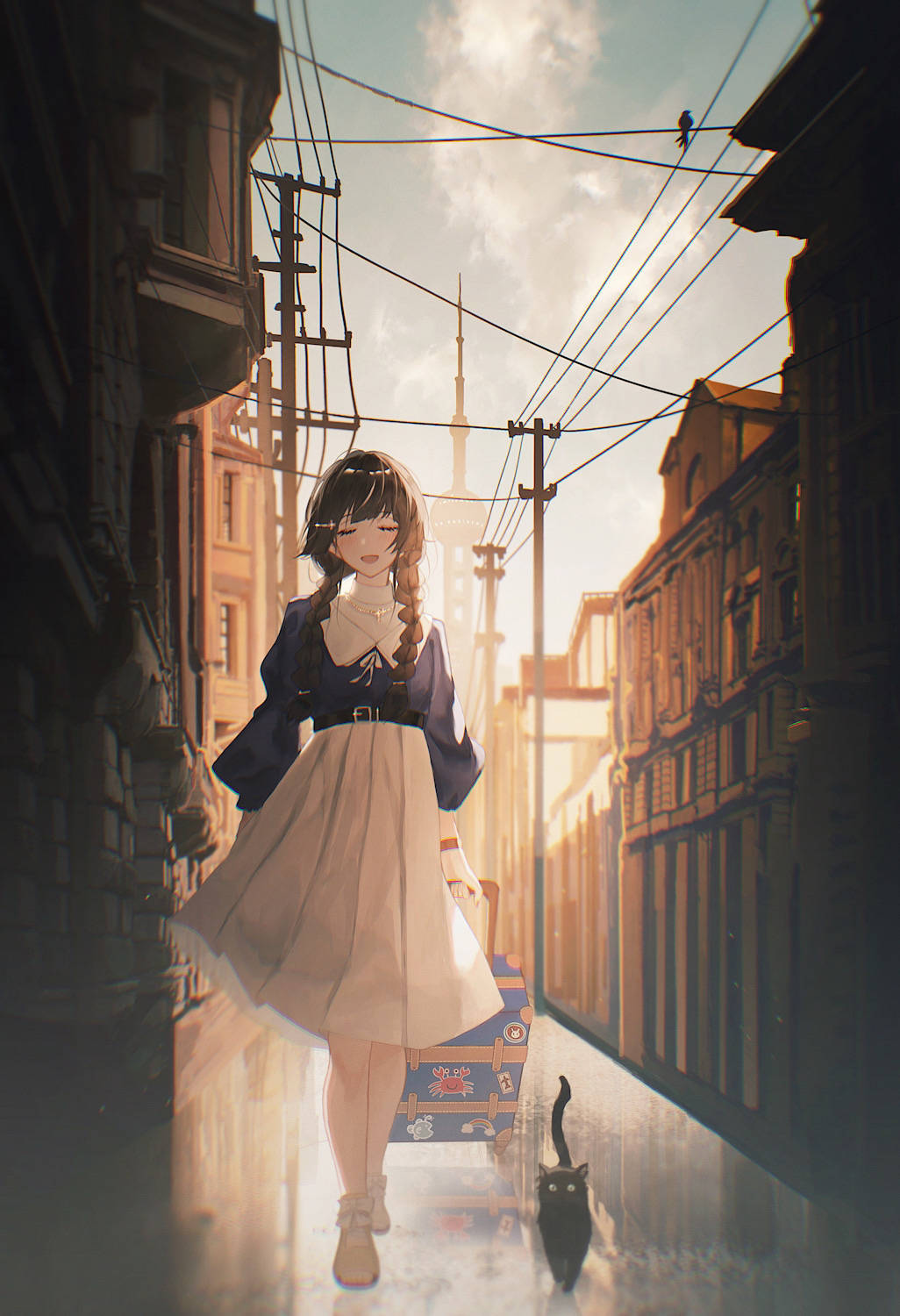 1girl, ankodesoy, belt, black_cat, black_hair, blush, bow, braid