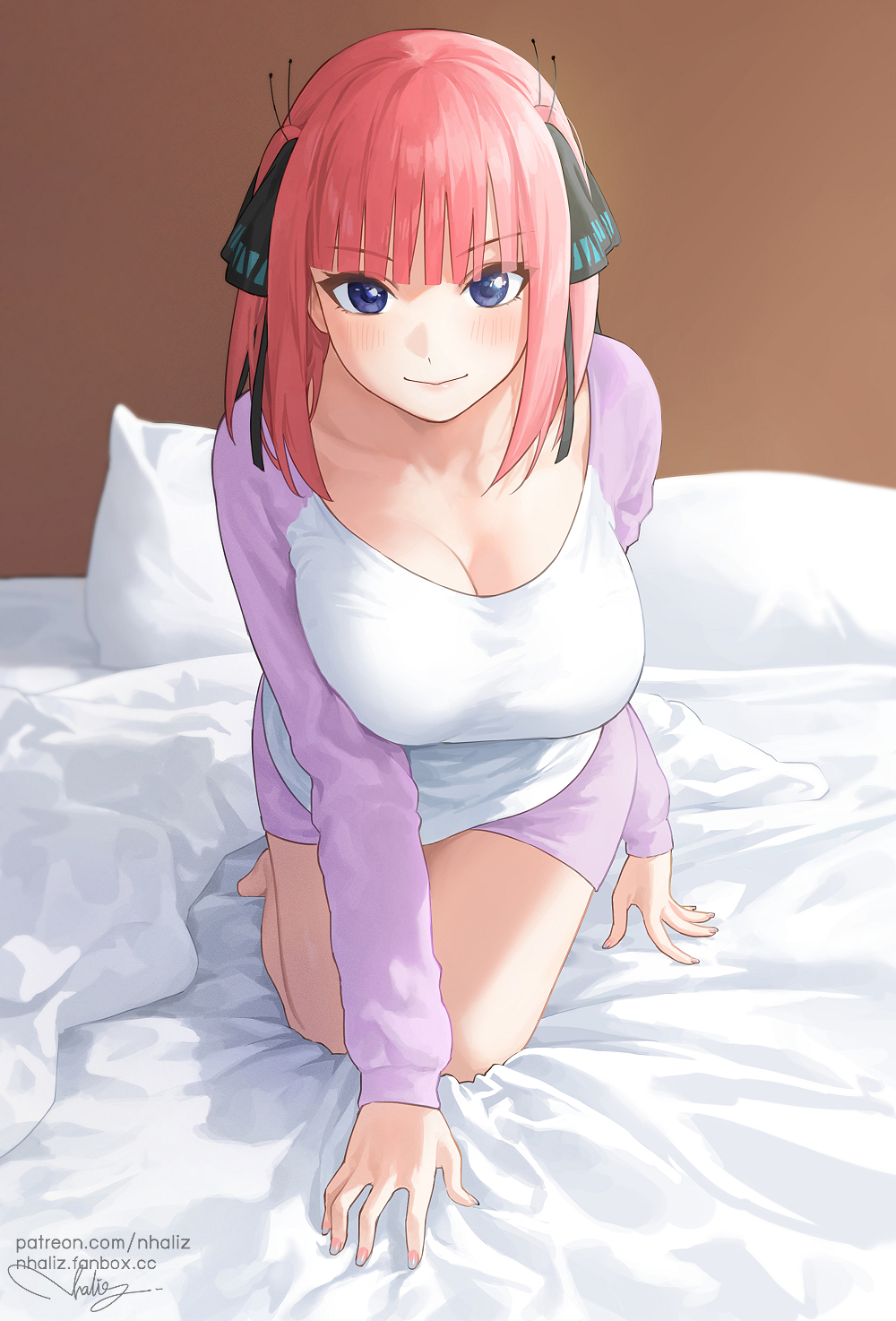 1girl, all_fours, artist_name, bangs, bed_sheet, blanket, blue_eyes, blunt_bangs