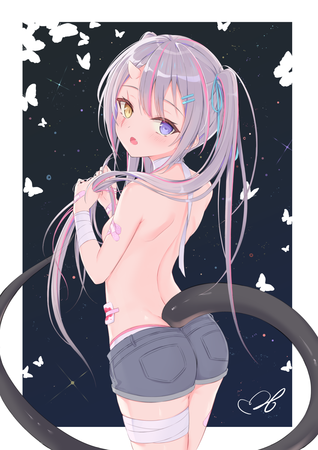 1girl, :o, back, bandaged_arm, bandaged_leg, bandages, bandaid, bandaid_on_arm