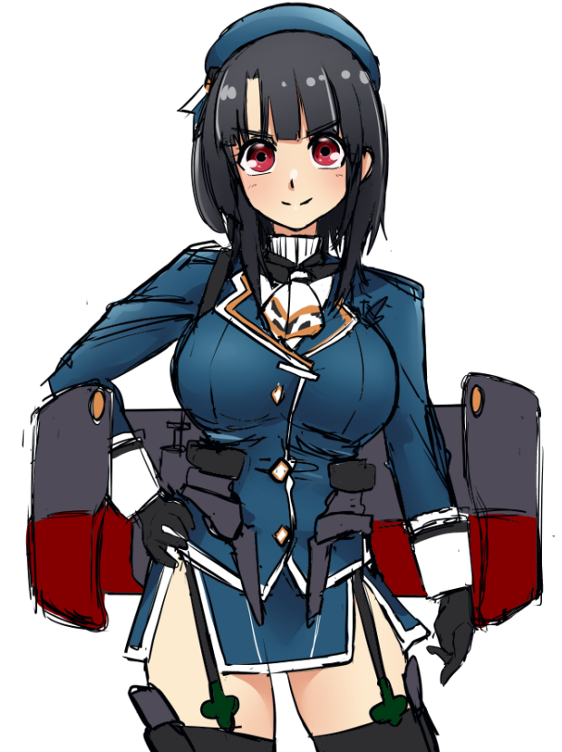 1girl, ascot, beret, black_gloves, black_hair, black_legwear, breasts, cowboy_shot