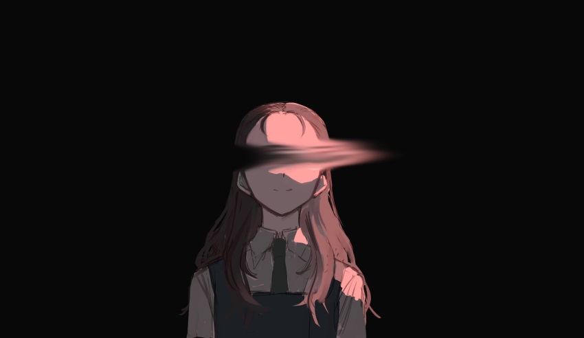 1girl, black_background, brown_hair, buttoniris, closed_mouth, dress, facing_viewer, green_neckwear