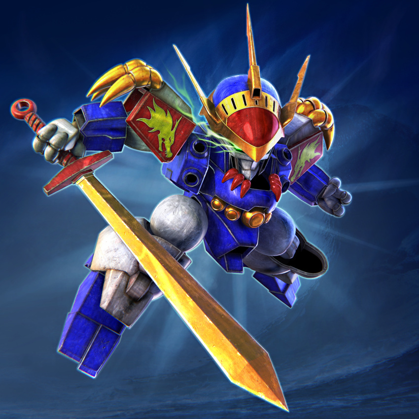 3d, chibi, clenched_hand, floating, glowing, glowing_eye, green_eyes, highres, holding, holding_sword, holding_weapon, kimkim, looking_ahead, mashin_eiyuuden_wataru, mecha, no_humans, ryuujinmaru, solo, sword, weapon