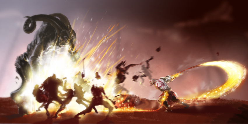 bald, battle, bodypaint, epic, explosion, god_of_war, group_battle, highres
