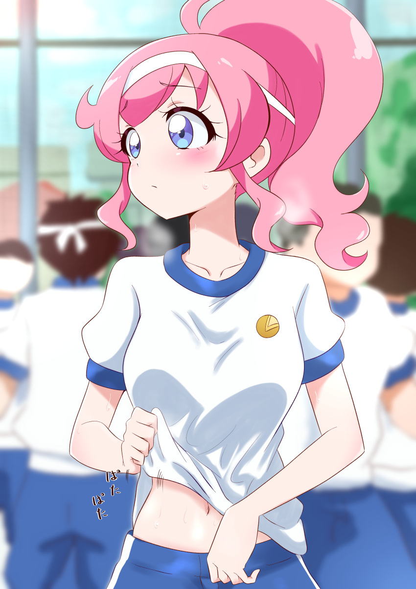 1girl, 6+boys, absurdres, blue_collar, blue_shorts, blue_sleeves, blurry, blurry_background